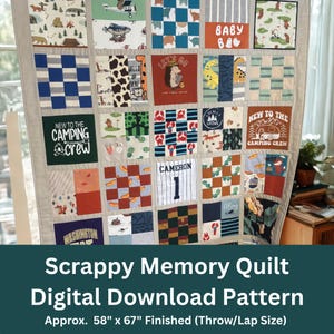 May include: A patchwork quilt with various fabric squares, featuring camping, animal, and geometric patterns. Some squares have text like "BABY 64", "NEW TO THE CAMPING CREW", and "CAMERON 1". The quilt measures approximately 58" x 67".