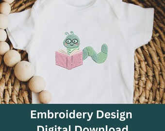 Bookworm Embroidery Design | Reading Worm, Glasses, Book (Digital Download)