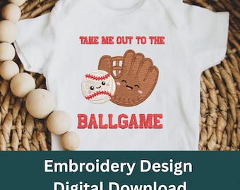 Take Me Out to the Ballgame Kawaii Embroidery Design | Baseball & Mitt Machine Embroidery | Digital Download