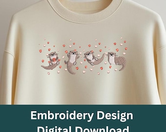 Otter Hearts Embroidery Design | Four Playful Otters, Valentine Theme (Digital Download)