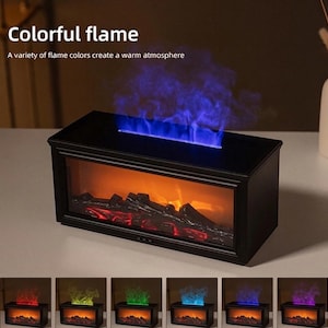 May include: A black electric fireplace with a colorful flame effect. The text "Colorful flame" and "A variety of flame colors create a warm atmosphere" are visible. The fireplace has a realistic firebox with glowing embers.
