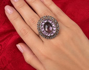 Anillo llamativo Flor de Amatista: estilo vintage, joyería ajustable de filigrana gótica victoriana.