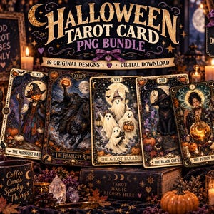 Könnte beinhalten: Ein digitales Paket mit 19 Halloween-Tarotkarten-Designs, die eine Figur mit Kürbiskopf, einen kopflosen Reiter, Geister, eine schwarze Katze und einen Zaubertrankmacher zeigen. Der Text lautet Halloween Tarot Card PNG Bundle.