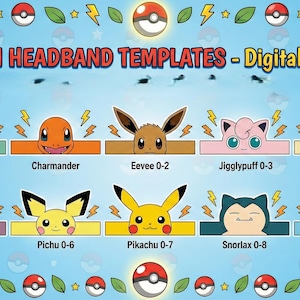 May include: A digital download sheet of Pokémon headband templates featuring ten characters: Bulbasaur, Charmander, Eevee, Jigglypuff, Meowth, Mewtwo, Pichu, Pikachu, Snorlax, and Squirtle. The light blue background is decorated with Poké Balls, leaves, and yellow lightning bolts.