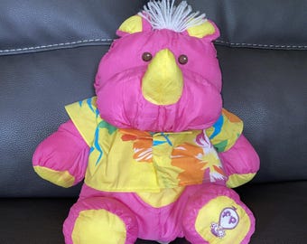 Fisher Price Wild Puffalump roze neushoorn pluche knuffeldier Vtg1987 Hawaiiaans