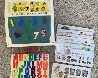 Vintage 1972 Fisher Price School Days Portable Play Desk W Letters Numbers Cards