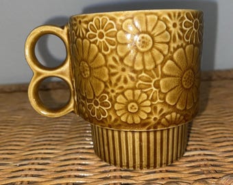 Vintage Mid-Century (MCM) Brown Flower Power Stacking Cup Mug Made in Japan