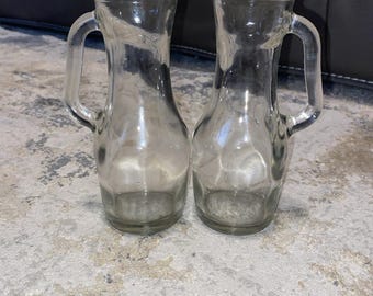 2 Vintage 6.5” Glass Vase Pitcher Dressing Dispenser Handled Decanter With Lids