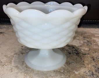 Milk Glass Pedestal Bowl Quilted Diamond Design Scalloped Top Edge Vintage White