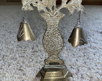 Vintage Solid Brass Bell Stand With Double Bells & Engraved Designs Chinese