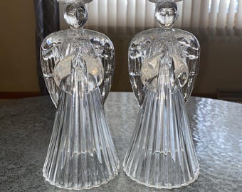 Vintage Avon 24% Lead Crystal Glass Praying Angels Candle Holders Set of 2 7”