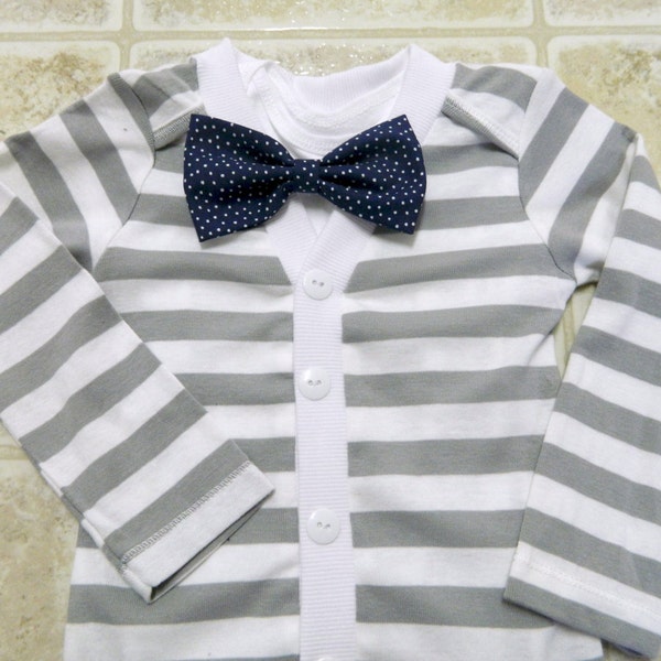 Baby Boy Cardigan Onesie White Grey Stripes - Outfit - Set - Bow Tie - Onesie SALE LAST ONE