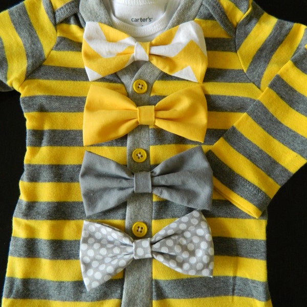 Baby Boy Cardigan Onesie Bodysuit Yellow and Grey Stripes Outfit Bow Tie Toddler SALE- LAST ONE