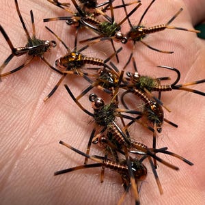 Könnte beinhalten: Eine Sammlung von Fliegenfischerködern mit kupferfarbenen Drahtkörpern, olivgrünem Dubbing und dunkelbraun-schwarz gesprenkelten Gummibeinen. Jede Fliege ist mit einem metallischen Kupferperlenkopf und einem scharfen Metallhaken ausgestattet.