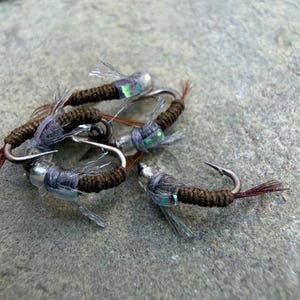 May include: A collection of fishing flies featuring silver metal beads, dark brown wrapped bodies, and iridescent accents. Each fly is constructed on a curved metal hook with thin, translucent fibers extending from the head and a small tail of brown hair.