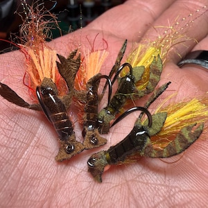 May include: Close-up of several artificial fishing flies. The flies have brown bodies, black hooks, and colorful accents of orange, yellow, and green. The flies are designed to mimic insects and are used for fly fishing.