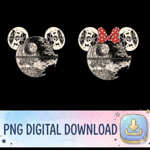 May include: A digital graphic featuring two circular icons against a black background. Each icon depicts a Death Star with TIE fighter wings as ears. The right icon includes a red bow with white polka dots. Text at the bottom reads PNG DIGITAL DOWNLOAD.