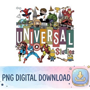 May include: A colorful digital download featuring the Universal Studios logo with various cartoon characters. The design includes Spider-Man, Harry Potter, the Hulk, Iron Man, Captain America, and Minions.