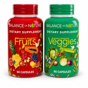 May include: Two supplement bottles, one red and one green. The red bottle is labeled "Fruits" and features fruit illustrations. The green bottle is labeled "Veggies" and features vegetable illustrations. Both bottles are labeled "Dietary Supplement" and contain 90 capsules.