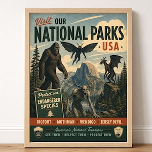 May include: A framed poster titled Visit Our National Parks USA featuring illustrations of Bigfoot, Mothman, a Wendigo, and the Jersey Devil. The text reads Protect our ENDANGERED SPECIES, BIGFOOT, MOTHMAN, WENDIGO, JERSEY DEVIL, and America's Natural Treasures.