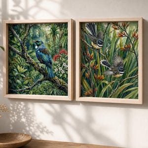 Neuseeländisches Tui- und Piwakawaka-Vogel-Kunstset, Botanische Motive (Digitaler Download) 301