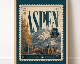 Vintage Aspen Colorado stämpelaffisch, Retro bergsresor konst utskrivbar (digital nedladdning) 610