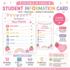 Könnte beinhalten: Eine digitale Vorlage für eine Schüler-Informationskarte in Pastellfarben mit Erdbeeren, Regenbögen und Sternen. Sie enthält Felder für Name, Eltern, Telefon, Notfallkontakt, Lehrer und Allergien. Text: 2 Größen enthalten, 5 x 7 Zoll, 4 x 6 Zoll, bearbeitbar in Canva.