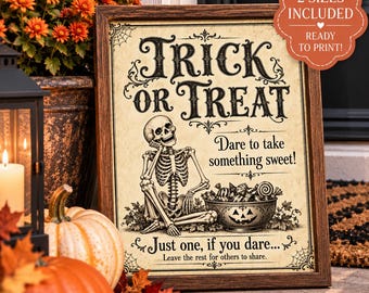 Trick or Treat Sign Printable, Please Take One Halloween Candy Sign, Vintage Skeleton Porch Decor, 5x7 8x10 PDF Download