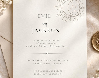 May include: A cream-colored wedding invitation card featuring a black line art illustration of a crescent moon and sunburst. The text reads Evie and Jackson, request the pleasure of your company as they celebrate their marriage, Saturday, 21st of February 2027 at 7pm in the evening, The Glasshouse Estate, Bryon Bay, Australia, dinner and dancing to follow.