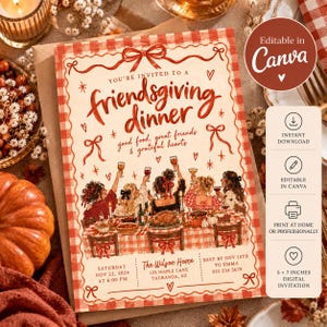May include: A Friendsgiving dinner invitation card with a red and white gingham border, featuring the text 'You're invited to a friendsgiving dinner' and an illustration of people dining at a table with food and drinks.