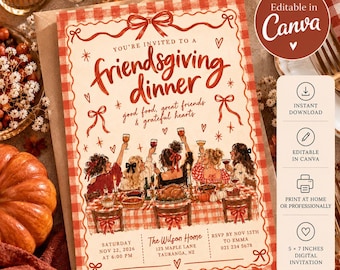 May include: A Friendsgiving dinner invitation card with a red and white gingham border, featuring the text 'You're invited to a friendsgiving dinner' and an illustration of people dining at a table with food and drinks.