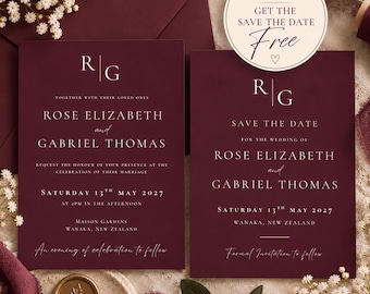 May include: Deep burgundy wedding invitation and save the date card set featuring white serif typography, the initials RG, and the text: BUY THE INVITATION GET THE SAVE THE DATE FREE. Includes a matching envelope and a gold wax seal with a leaf design.