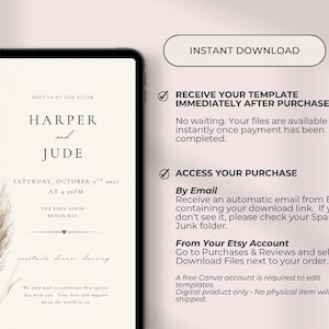 May include: A digital wedding invitation template displayed on a tablet screen, featuring pampas grass illustrations and the text Meet Us At The Altar, Harper and Jude, Saturday, October 9th 2027 at 4.30pm, The Eden Room, Bryon Bay.