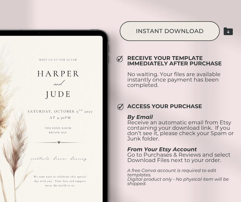 May include: A digital wedding invitation template displayed on a tablet screen, featuring pampas grass illustrations and the text Meet Us At The Altar, Harper and Jude, Saturday, October 9th 2027 at 4.30pm, The Eden Room, Bryon Bay.
