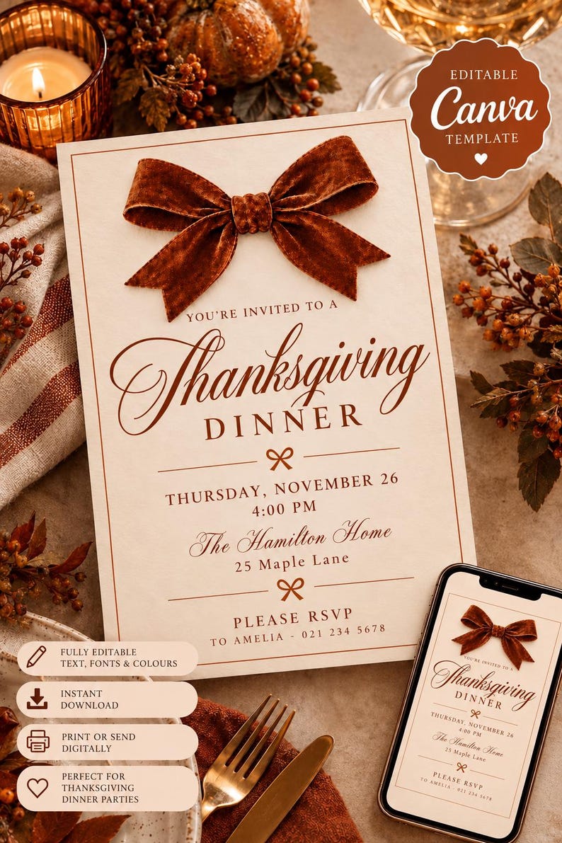 May include: A cream-colored Thanksgiving dinner invitation card featuring a large brown velvet bow at the top. The text reads: You're invited to a Thanksgiving Dinner, Thursday, November 26, 4:00 PM, The Hamilton Home, 25 Maple Lane, Please RSVP to Amelia - 021 234 5678.