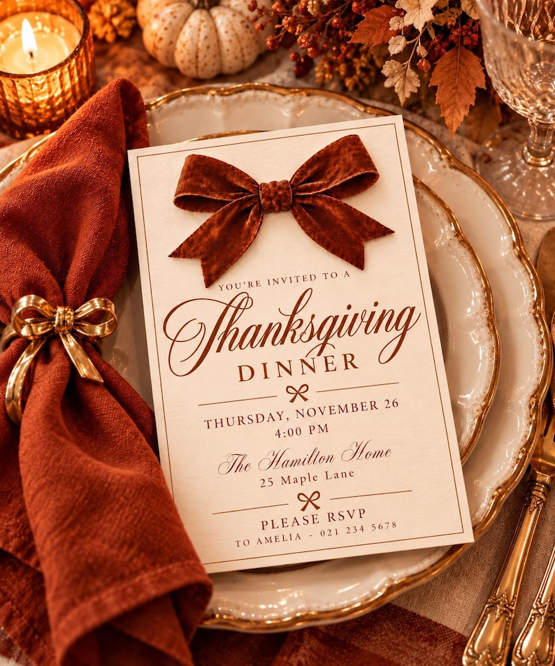 May include: A rectangular cream-colored Thanksgiving dinner invitation card featuring a dark orange velvet bow at the top. The text reads: You're invited to a Thanksgiving dinner, Thursday, November 26, 4:00 PM, The Hamilton Home, 25 Maple Lane, Please RSVP to Amelia - 021 234 5678.