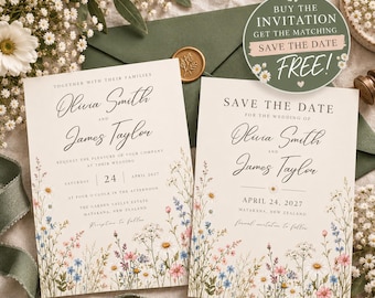 May include: A wedding invitation and save the date card set on cream paper with wildflower illustrations. The text reads Olivia Smith and James Taylor, April 24, 2027. A green envelope with a gold wax seal and a circular promotional sticker are visible.