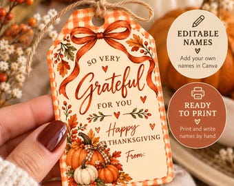 May include: A rectangular gift tag with a light orange gingham border, featuring a large orange ribbon, autumn leaves, and two pumpkins. The text reads: So very Grateful for you, Happy Thanksgiving, and From. A brown twine string is tied through the top hole.
