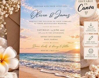 May include: A rectangular wedding invitation card featuring a sunset beach scene with ocean waves. The text reads: Olivia & James, request the pleasure of your company at their destination wedding, Saturday, 14 June 2027, Azure Cove Resort, Maui, Hawaii.