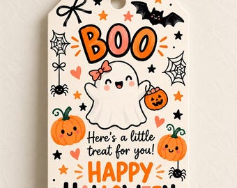 May include: A rectangular wooden gift tag with a jute string, featuring a white background and colorful Halloween illustrations. The design includes a ghost with a pink bow, pumpkins, spiders, webs, a bat, and the text BOO, Here's a little treat for you!, HAPPY HALLOWEEN, and from.