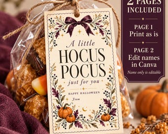 May include: A rectangular gift tag with a cream background, featuring a dark purple bow, orange pumpkins, and autumn foliage. The text reads A little HOCUS POCUS just for you, HAPPY HALLOWEEN, and From. The tag is tied to a clear plastic bag of treats.