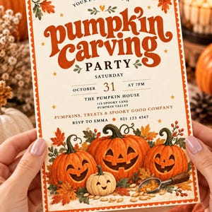 May include: A rectangular invitation card for a pumpkin carving party with a scalloped orange border. The text reads: YOUR'E INVITED TO A pumpkin carving PARTY SATURDAY OCTOBER 31 AT 7PM THE PUMPKIN HOUSE 123 SPOOKY LANE PUMPKIN VALLEY PUMPKINS, TREATS & SPOOKY GOOD COMPANY RSVP TO EMMA 021 123 4567. The design features three carved jack-o'-lanterns, autumn leaves, and a metal scoop.