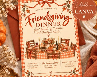 May include: A rectangular Friendsgiving dinner invitation card with a red and white gingham border. The text reads: You're invited to a Friendsgiving dinner, Good friends, full plates, and thankful hearts. It features a table illustration.