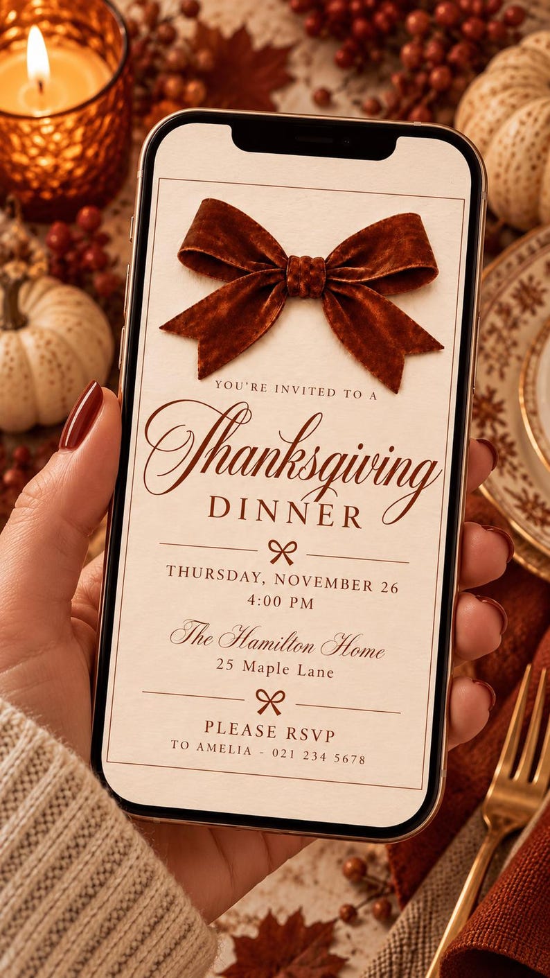 May include: A smartphone displaying a digital Thanksgiving dinner invitation featuring a dark brown velvet bow at the top. The text reads: You're invited to a Thanksgiving Dinner, Thursday, November 26, 4:00 PM, The Hamilton Home, 25 Maple Lane, Please RSVP to Amelia - 021 234 5678.