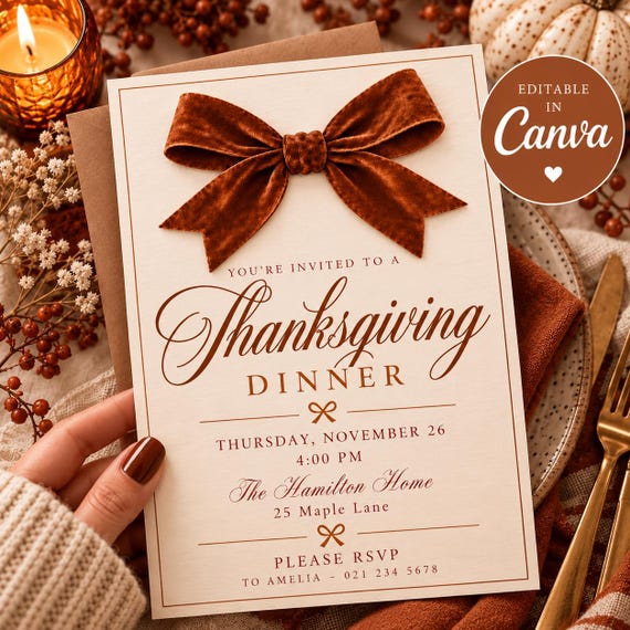Caramel Velvet Bow Thanksgiving Dinner Invitation, Elegant Fall Party Invite (Editable Canva Template)
