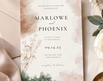 May include: A rectangular wedding invitation card featuring watercolor washes in shades of tan and green, with black serif text reading Marlowe and Phoenix, the date 09.14.25, and a delicate illustration of dried wildflowers on the left side.