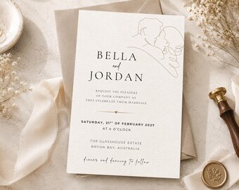 May include: A white wedding invitation card featuring a black line art illustration of a couple, with the text BELLA and JORDAN, requesting the pleasure of your company as they celebrate their marriage on Saturday, 21st of February 2027 at 4 o'clock.