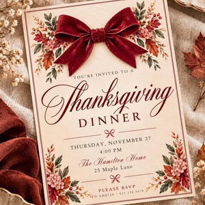 May include: A cream-colored Thanksgiving dinner invitation card featuring a deep red velvet bow at the top and autumn leaf illustrations. The text reads: You're invited to a Thanksgiving Dinner, Thursday, November 27, 4:00 PM, The Hamilton Home, 25 Maple Lane, Please RSVP to Amelia - 021 234 5678.