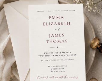 Luxury Burgundy Minimalist Wedding Invitation Template | Timeless 5x7 Canva (Digital Download)