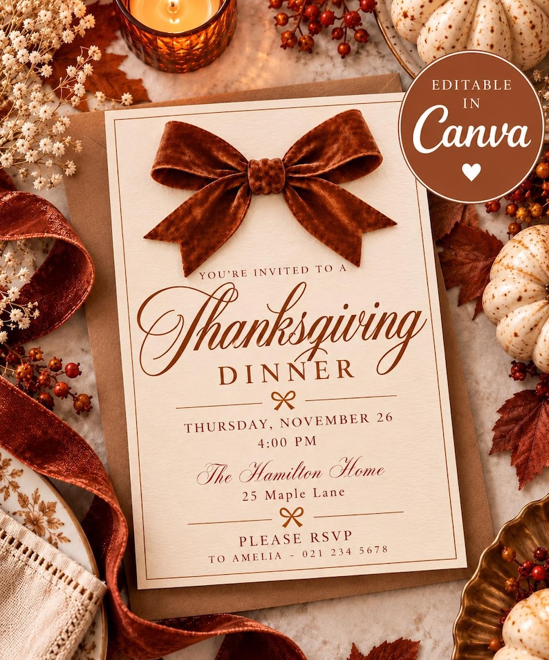 May include: A cream-colored Thanksgiving dinner invitation card featuring a brown velvet bow at the top. The text reads: You're invited to a Thanksgiving Dinner, Thursday, November 26, 4:00 PM, The Hamilton Home, 25 Maple Lane, Please RSVP to Amelia - 021 234 5678.